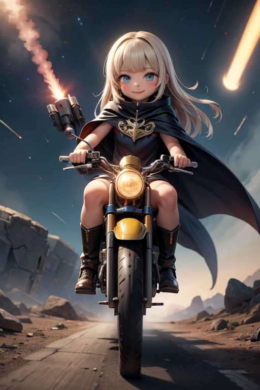 masterpiece, best quality, a cute girl smiling, intergalactic hero, science fiction, riding a mecha, (action:1.2), cloak, (Gatling gun:1.2), glowing, alien environment ,