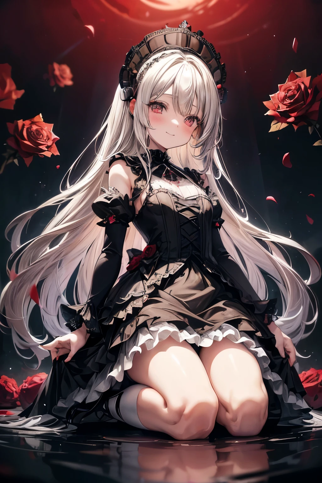 ((Masterpiece)), (Anime:1.5), ((best quality)), (RAW photo: 1.2), (Professional Photography:1.2), full body, 8K, (from below), wide shot, (12 years old), ((1girl)), Textured skin, cinematic lighting, 1girl, ((Beautiful Gothic Lolita pure-white-Dresses)), (very hoop-dress), Luxury roses embroidery, cute innocent young girl, ((hair over one eye)), Slender and small breasts, (long silky blond hair), (gothic lolita makeup), beautiful hair, smile, (blush), Light particles, ((kneeling in the Abyss of the Great Hole)), (red roses)