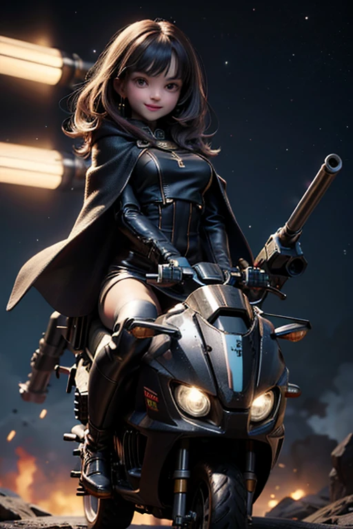 masterpiece, best quality, a cute girl smiling, intergalactic hero, science fiction, riding a mecha, (action:1.2), cloak, (Gatling gun:1.2), glowing, alien environment , 