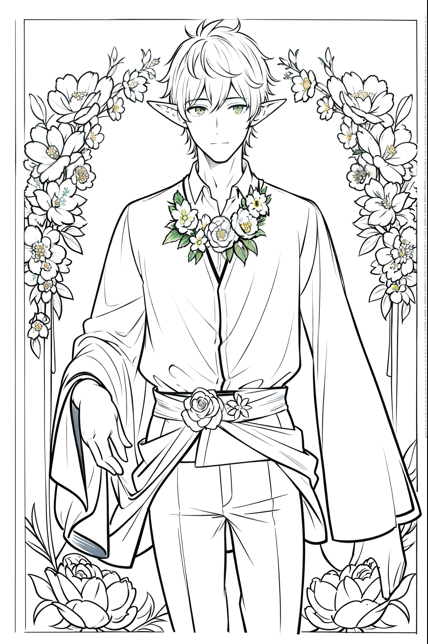 highres, high quality, detailed, floral frame, decorative panel, sketch, half body, 1 male, short hair, elven ears, simple clothes, white shirt, wide sleeves, black pants, portrait of young man holding bouquet of flowers