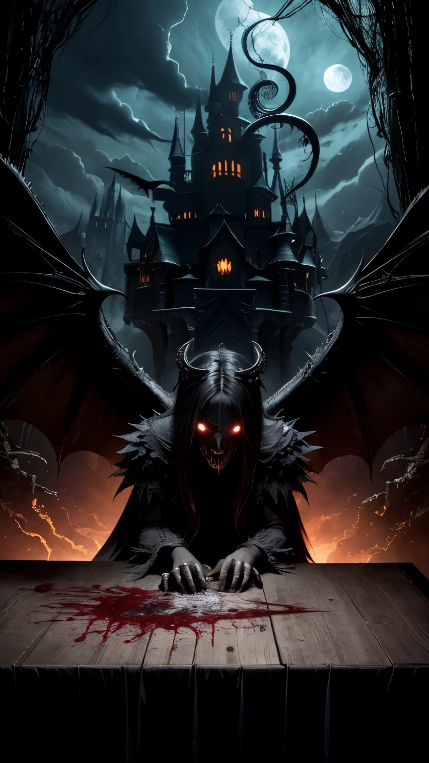 dark monster big wings haunted castle on drawing table full of knives, horror, spookiness, scary, secret horror, tentacles, vines, eyes, uncanny valley effect teeth, limbs, animals, blood moon, (black costume)