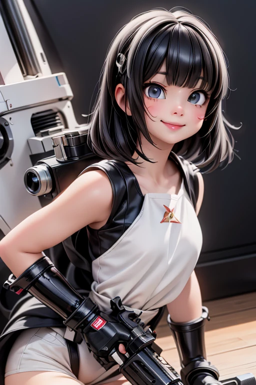 masterpiece, best quality, a cute girl smiling, intergalactic hero, science fiction, riding a mecha, (action:1.2), cloak, (Gatling gun:1.2), glowing, sci-fi environment ,