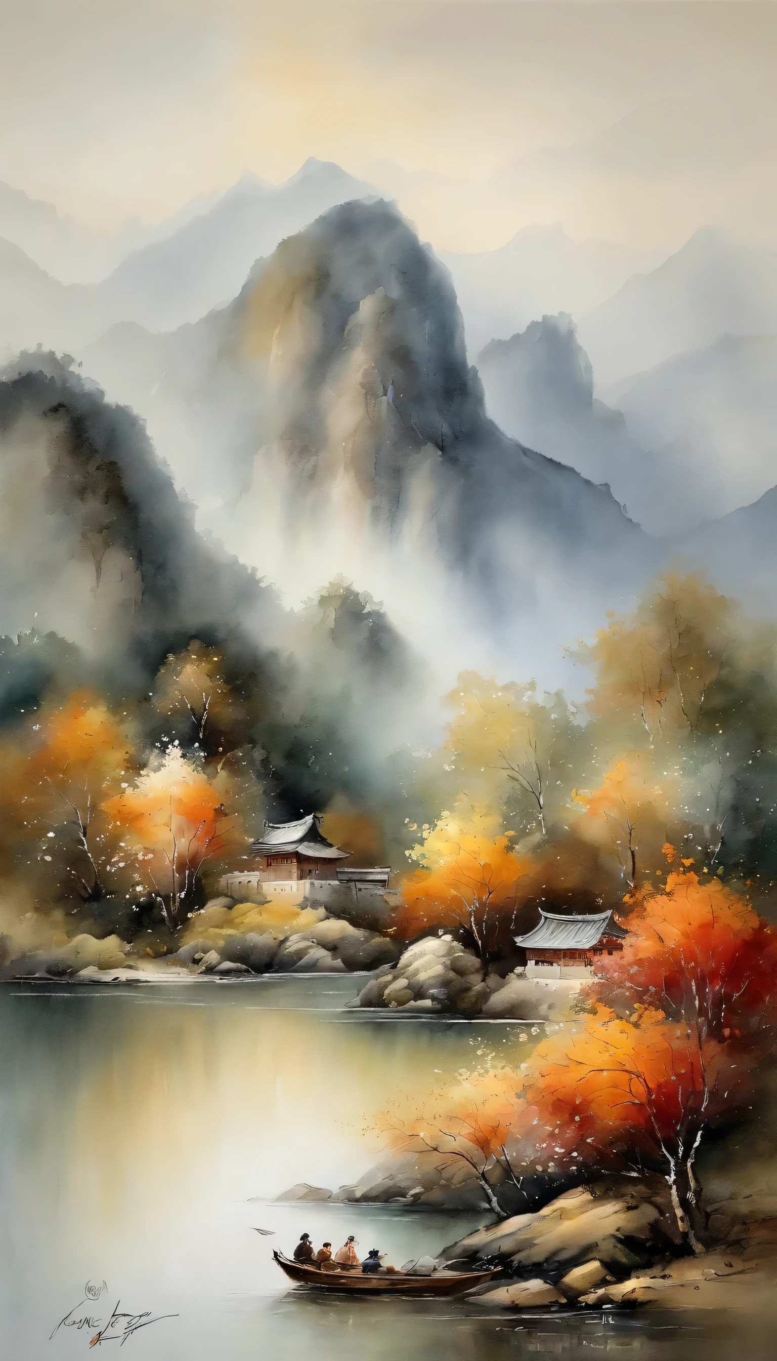"(best quality,32k,high resolution,masterpiece:1.2),Ink and watercolor,Chinese landscape painting,Detailed depiction of tranquil scenery,beautifully presented,Carefully crafted,Subtle and delicate,Low saturation and low contrast color palette,The boat has crossed thousands of mountains and rivers,Stunning scenery with intricate details,celebrated masterpiece by a master artist"