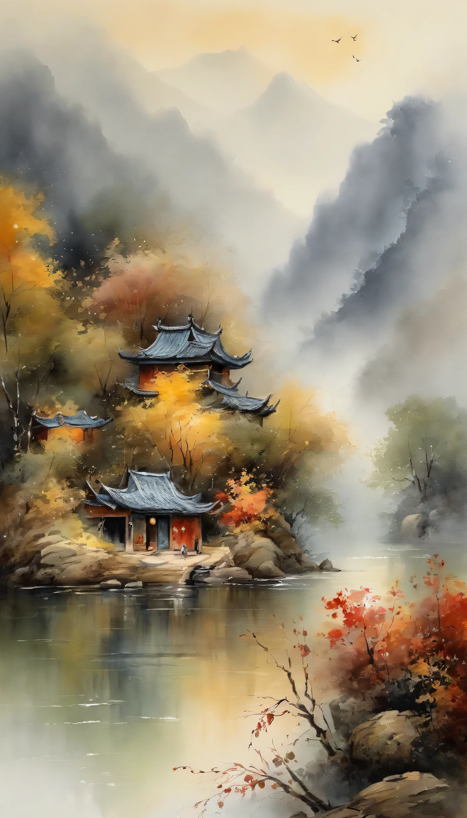 "(best quality,32k,high resolution,masterpiece:1.2),Ink and watercolor,Chinese landscape painting,Detailed depiction of tranquil scenery,beautifully presented,Carefully crafted,Subtle and delicate,Low saturation and low contrast color palette,The boat has crossed thousands of mountains and rivers,Stunning scenery with intricate details,celebrated masterpiece by a master artist"