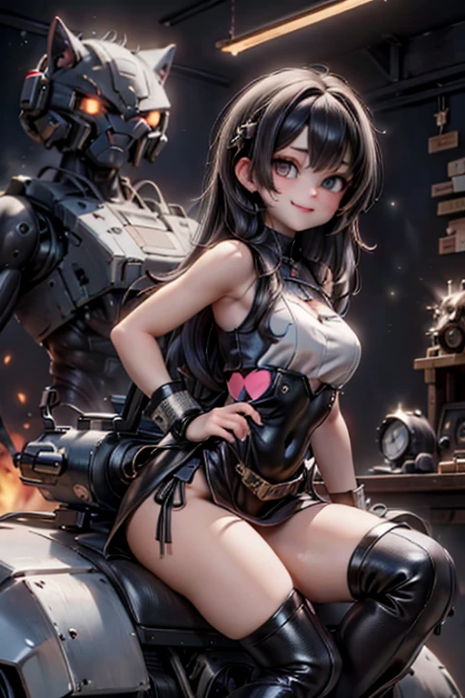 masterpiece, best quality, a cute girl smiling, intergalactic hero, science fiction, riding a mecha, (action:1.2), cloak, (Gatling gun:1.2), glowing, sci-fi environment ,