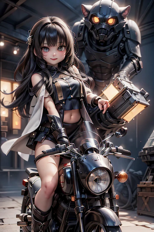 masterpiece, best quality, a cute girl smiling, intergalactic hero, science fiction, riding a mecha, (action:1.2), cloak, (Gatling gun:1.2), glowing, sci-fi environment ,