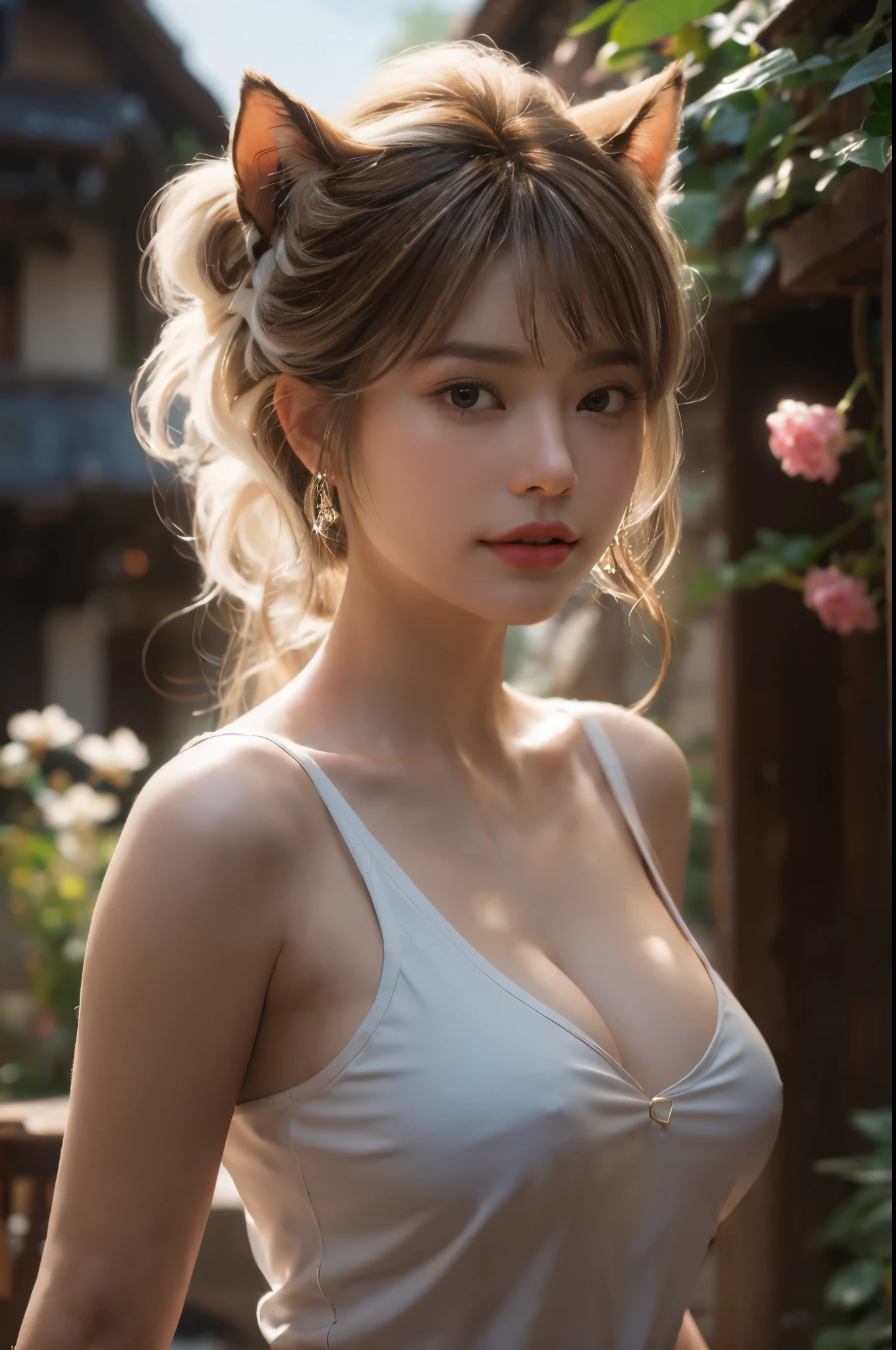 8k,HD,1girl,(shaggy bangs long hair:1.6),(brown white hair:1.8),(huge size breast:1.5),(haughty face:1.4), pretty face,detail skins,realistic detail hairs,realistic face and eyes,Detailed beautiful delicate eyes,long wide lips,glossy lips,mole marks upper lip,pink lips,sensual curve of oral fissure lips,long thin oral commissures,,little cute smile,shiny hair, beautiful girl, ,soft light,realistic background, (from front below view:1.3), ,nokia_sutasinee,