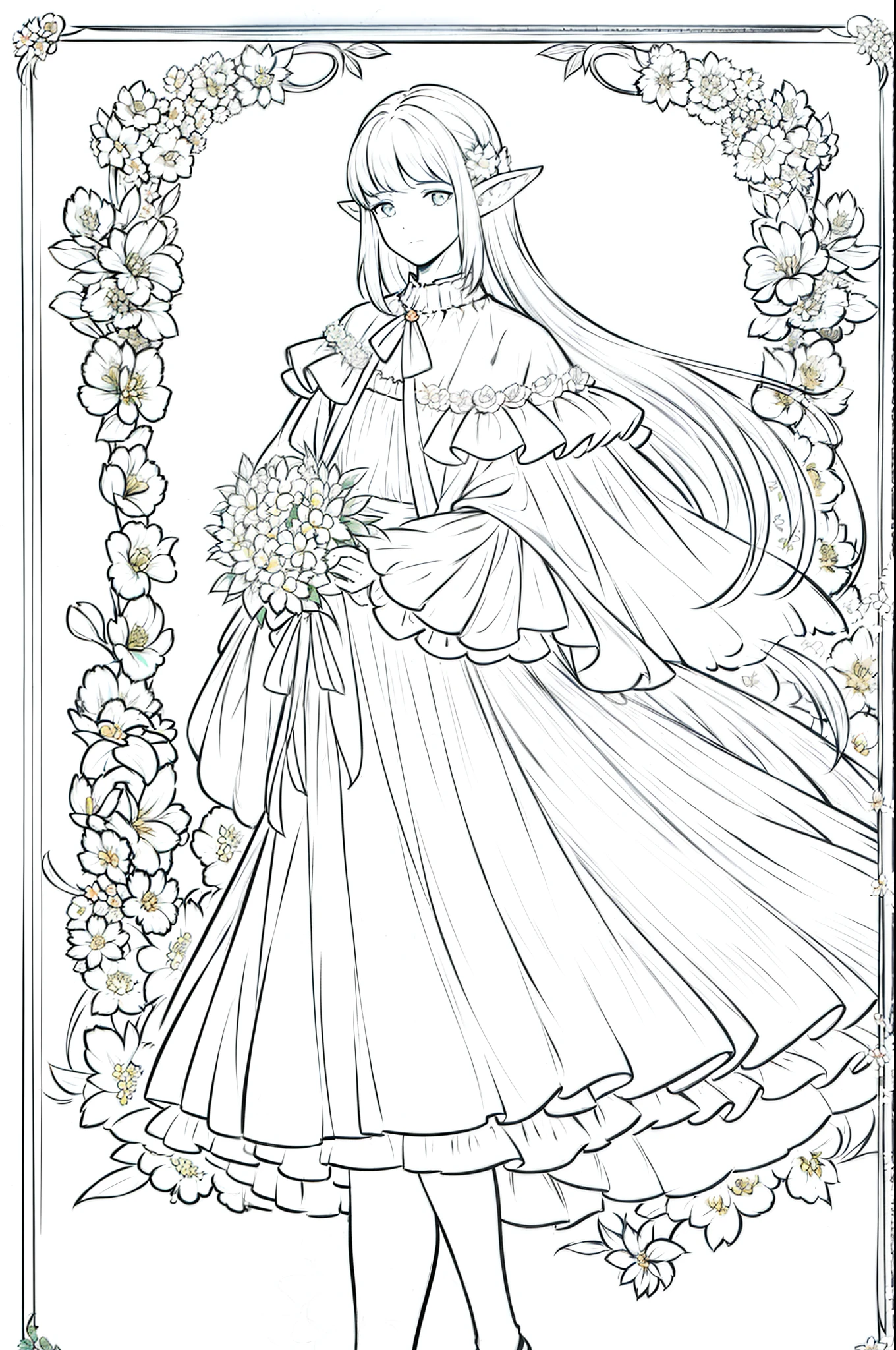 highres, high quality, detailed, floral frame, decorative panel, sketch, 1 male, medium length hair, elven ears, simple clothes, white shirt, wide sleeves, black pants, portrait of young man holding bouquet of flowers