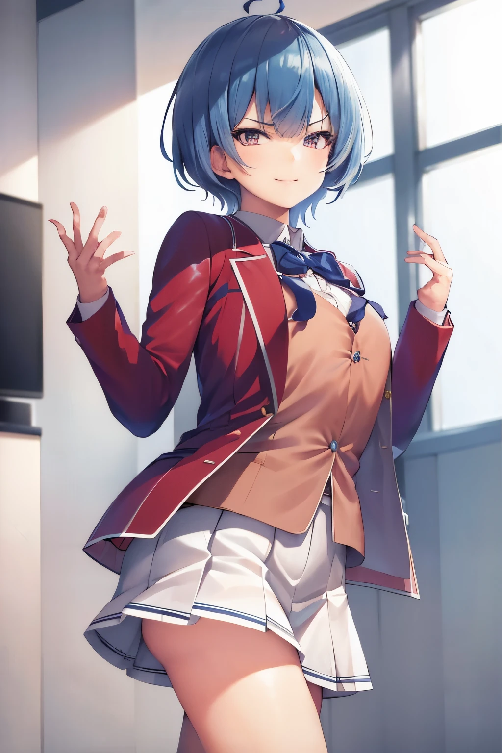 masterpiece, best quality, highres, 1girl ibuki mio short hair blue hair, white skirt red jacket open jacket smile, standing, indoors, from behind