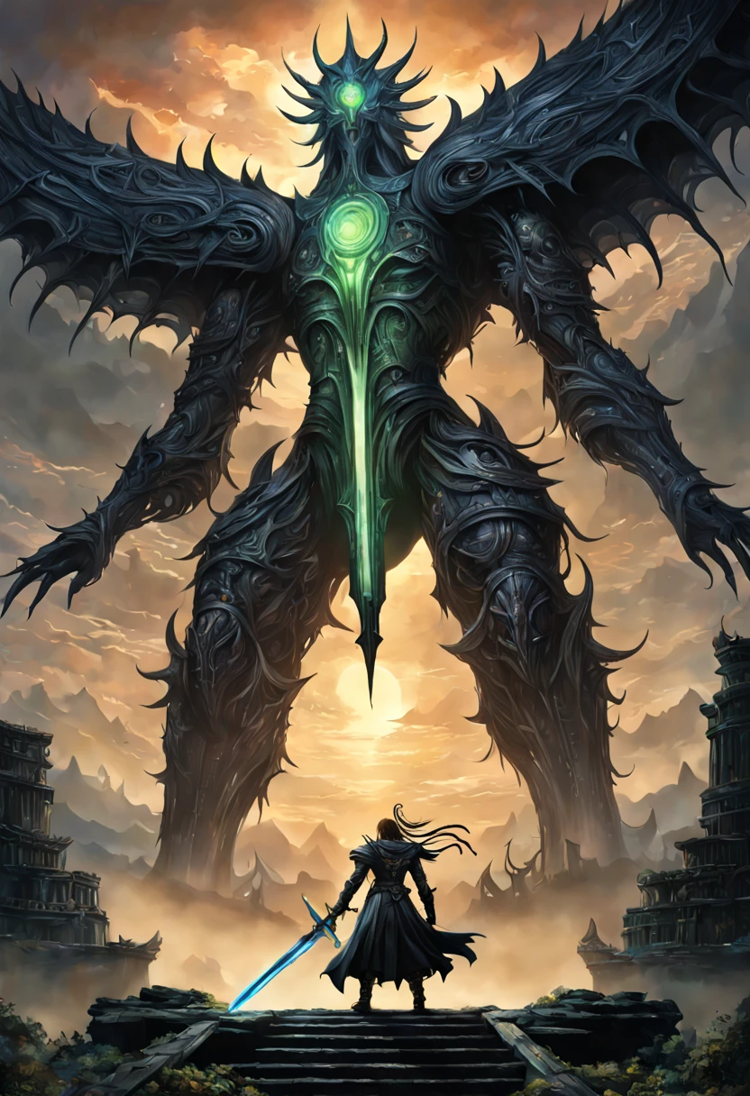 ![Hero of Another World/异世界的英雄/異世界の英雄]], a valiant figure standing atop an ancient ruin, overlooking a fantasy landscape, with a glowing magical sword, ethereal armor reflecting the otherworldly sky, surrounded by mystical creatures and arcane symbols, a blend of Eastern and Western fantasy elements, dynamic heroic pose, a digital painting by Yoshitaka Amano and H.R. Giger, 8K resolution, ultra-detailed character design, atmospheric lighting, vibrant color palette, with a sense of epic adventure and mystery, inspired by Final Fantasy and Berserk