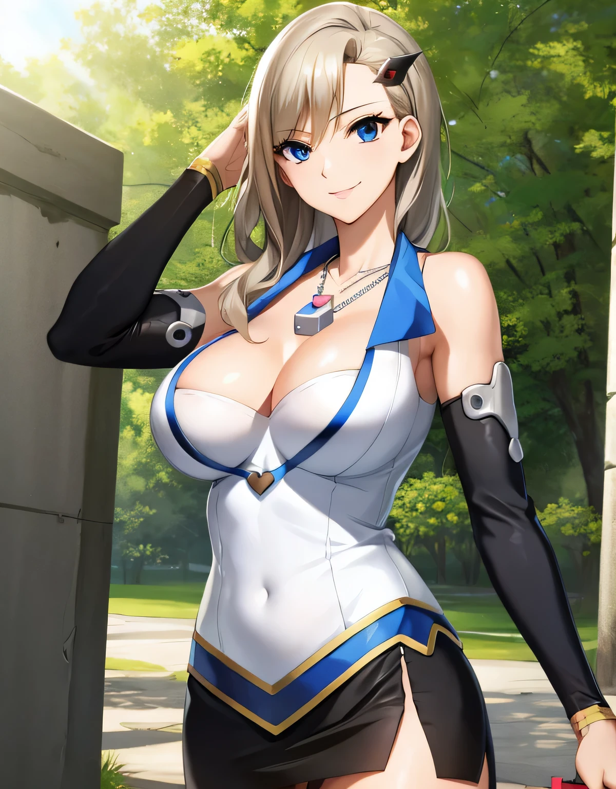 rebecca def, rebecca bluegarden, blue eyes, blonde hair,  smile, hair ornament, long hair,skirt, cleavage, bare shoulders, jewelry, heart, removed sleeve, hairclip, shiny, miniskirt, black skirt, necklace, shiny skin, side slit, meanwhile, pencil skirt,(big breasts:1.5),shiny,hair,((alone)),((masterpiece)),((highest quality)),perfect anatomy,slim waist,perfect image,8k UHD,(detailed and beautiful eyes:1.3),highly detailed face,Are standing,(Upper body:1.1),(look ahead:1.1),back arm,super detailed,disorganized,High resolution,outdoors,