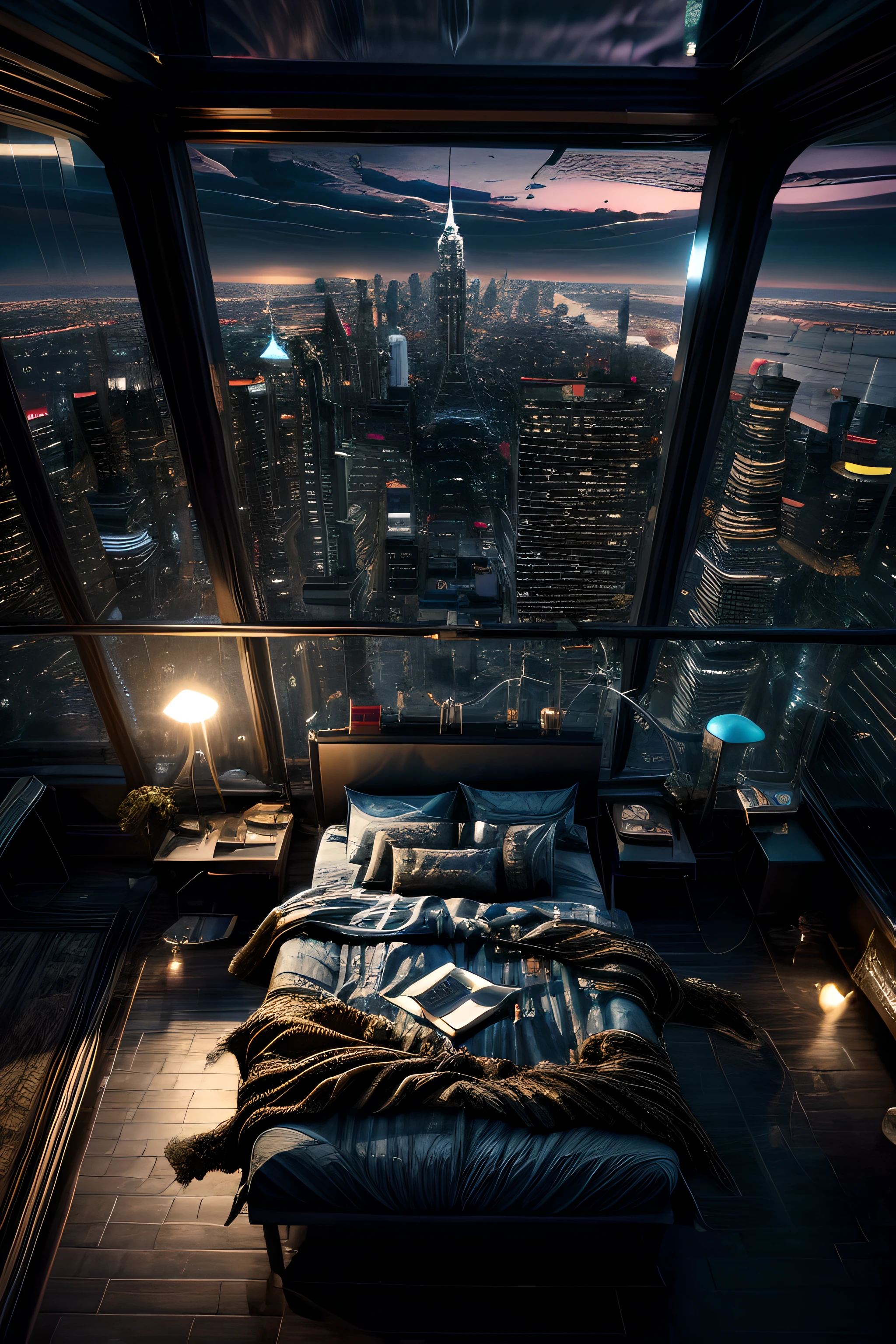 (desde arriba:1.5),(tiro de establecimiento:1,5) of a cyberpunk attic bedroom with gravity-defying furniture, giving the feeling of weightlessness against the backdrop of city lights