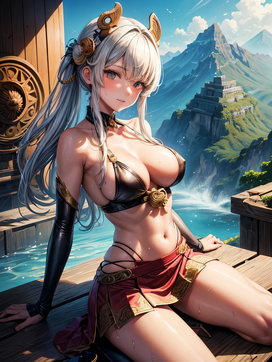 Kōjirō Akagi, Walter Crane, Surreal, mysterious, bizarre, fantastic, fantasy, Sci-fi, Japanese anime, mountains in a box, beautiful girl in a miniskirt flying, perfect voluminous body, microscope and ammonite fossil, coral palace, Detailed masterpiece hyper realistic sharp focus zoom in sexy tits erotic ass provocative body poses skin wet wet glistening legs spread wide tiny panty embarrassing looking at viewer shy blushing coquettish