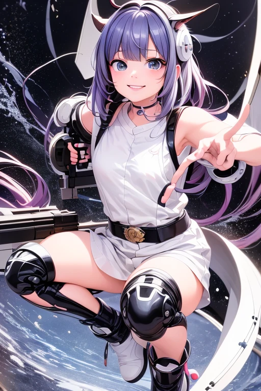 masterpiece, best quality, a cute girl smiling, intergalactic hero, science fiction, riding a mecha, (action:1.2), cloak, (Gatling gun:1.2), glowing, sci-fi environment ,