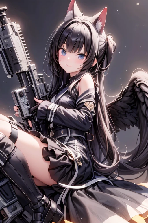an anime girl, masterpiece, 4K,detailed, best quality, no bad anatomy and fingers, dynamic pose, Action Painting, a beautiful young cyborg girl, smile, taking off into the sky, blunt bangs, flipped medium hair, super detailed skin, FINAL FANTASY 12, make-up, cool mechanical wings, the city of Monaco, Ryu Fujisaki,