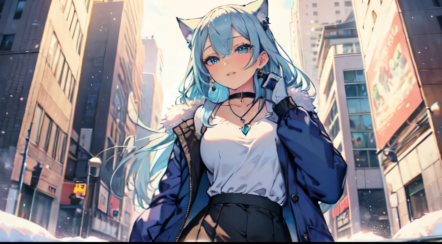 Masterpiece, beautiful art, professional artist, 8k, art style by sciamano240, very detailed face, very detailed hair, very detailed clothes, 1girl, perfectly drawn body, beautiful face, long hair, light blue hair , very detailed blue vertical cat eyes, square glasses, pouty lips , rosey cheeks, intricate details in eyes, extreme close up of face, see only head and neck, staring directly at viewer, wearing cute winter clothes, winter coat, necklace, choker, earrings, gloves, pencil skirt, black tigh boots, some freckles, big wide grin, in love with the viewer expression, sunny winter setting, walking outside, character body in full frame, sexy frame, white skirt and blue jacket