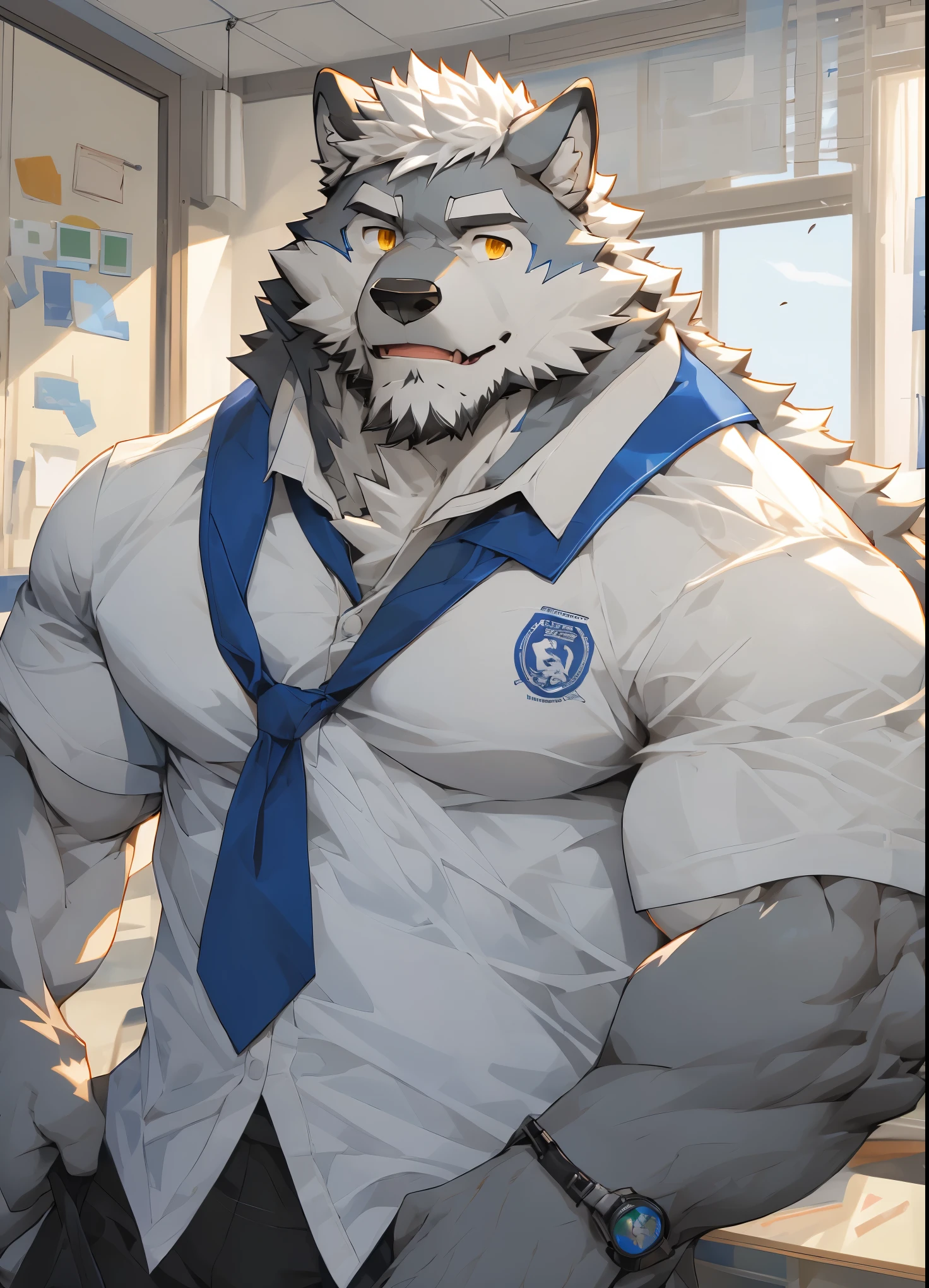 (masterpiece),(Very detailed),(best quality),hairy,Wolf,gray fur,white hair,golden pupils,muscular,(Blue and white school uniform 1.tudent,School dormitory background,8k,((high quality))