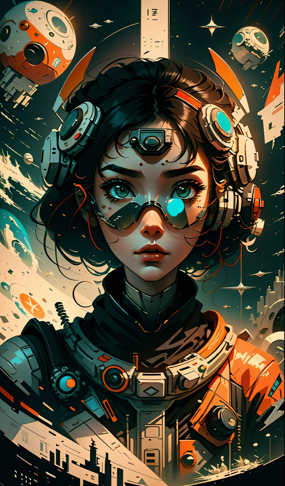 masterpiece, best quality, 1girl, space thriller movie poster, Bauhaus, shapes, lines, abstract, wearing Vision Pro goggles