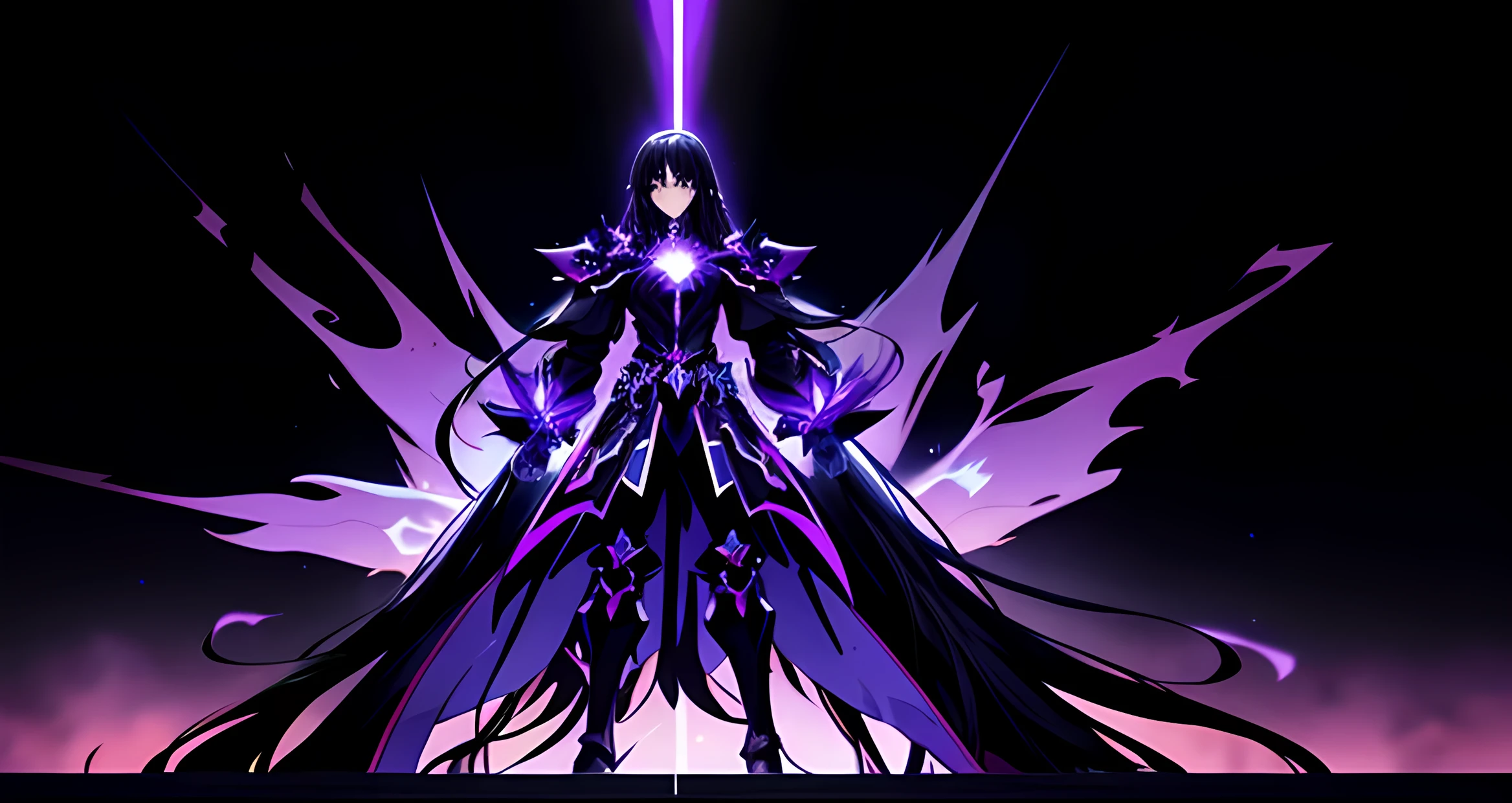 anime character with long hair and black outfit standing in front of a blue sky, wallpaper!, ufotable art style, purple glowing core in armor, badass anime 8 k, transforming into his final form, background ( dark _ smokiness ), style of duelyst, darkness's background, background art, menacing aura, glowing black aura, complete darkness background
