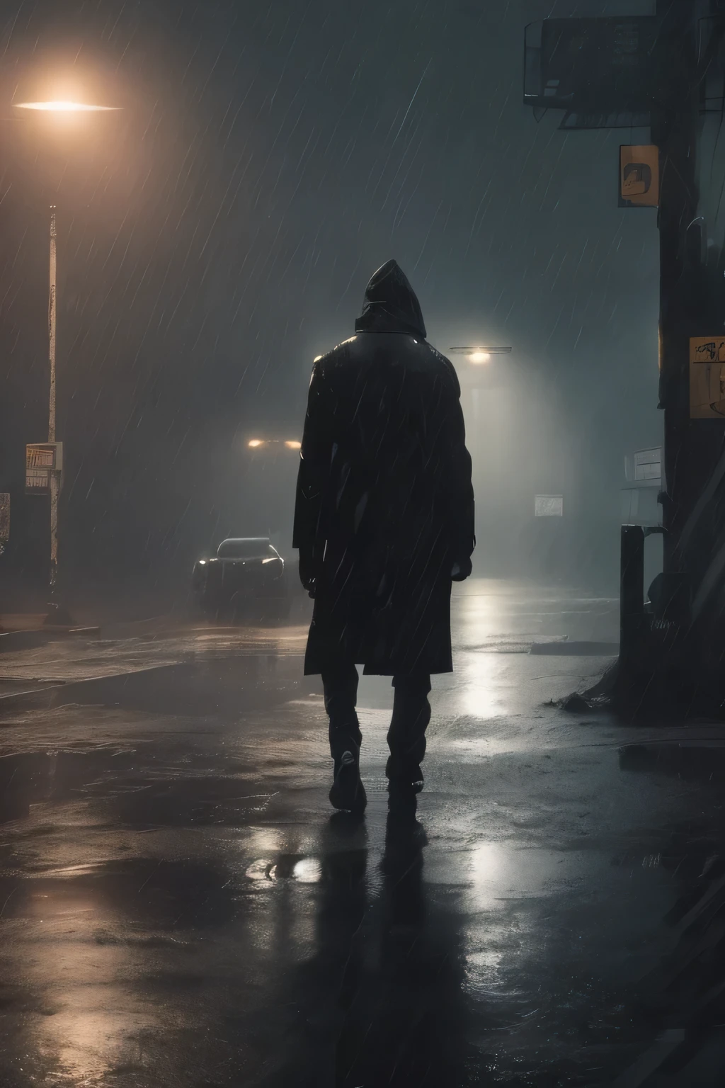 There's a man walking down the street in the rain, dark cinematic lighting, 4k cinematic wallpaper, 4k cinematic wallpaper, ciberpunk noir, dia chuvoso. game render, Moody cinematic lighting, Cinematic matte illustration, Cinematic lighting, arte conceitual escura fotorrealista, cinematic moody lighting, James Gurney Cinematic Lighting, Dark cinematic concept art, cinematic photography concept art