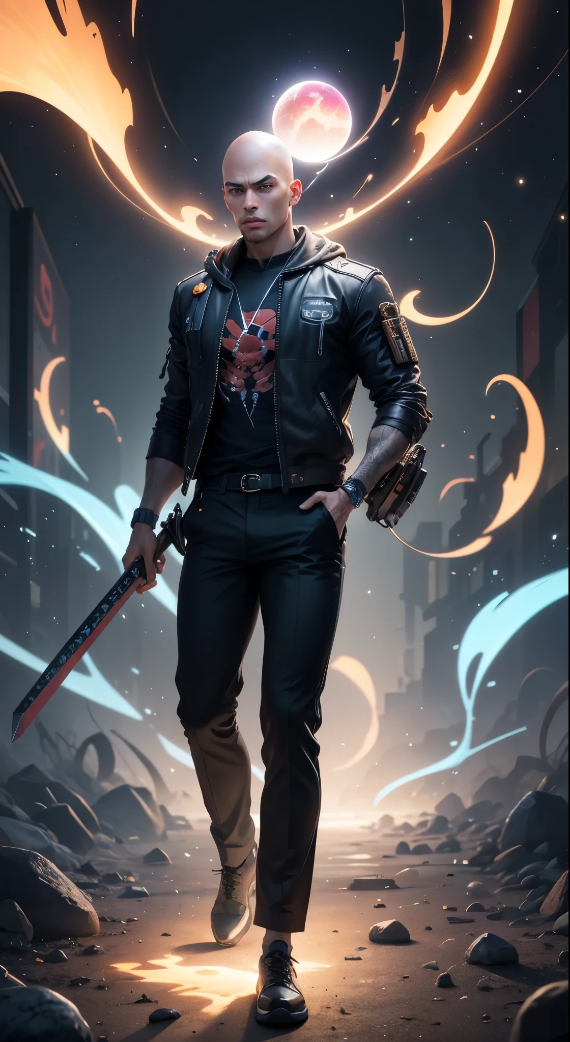 Craft an exquisite, high-resolution 4K masterpiece Draw a young caramel skin Male with bald Hair, standing on a Mysterious path floating in the middle of an alternate Dimension Leading to a Portal , turn his back on viewers , from behind , surrounded by Colorful energy Orbs glowing with fiery auras BREAK Dramatic lighting from distant SHooting stars Glistening like Diamonds illuminates the scene, casting deep shadows on the Clothing wearing streetwear Gucci Mink Designer Outfit, looking at the Portal and mysterious Contrasting colors on the other side with wonder and Awe with curiosity ,BREAK,Detailed,Realistic,4k highly detailed digital art,octane render, bioluminescent, BREAK 8K resolution concept art, realism,by Mappa studios,masterpiece,best quality,official art,illustration,ligne claire,(cool_color),perfect composition,absurdres, fantasy,focused,rule of thirds. The piece should be intricately detailed, inspired by the techniques of renowned artists such as Ryan Yee, Sachin Teng, JC Leyendecker, Jen Bartel, Beeple, and James Jean, with a particular emphasis on Sachin Teng's style.
The artwork should reflect the aesthetic of Shin Hanga, a winner of the Behance contest, and should achieve perfect symmetry. The subject of the portrait is Bald Hair Caramel skin Male. The atmosphere should be ethereal, with smoke, white light, and strong light elements.
Incorporate elements of surrealism into the piece, with ultra-detailed features and glowing eyes. The full-body shot should also include a close-up of the body, with Akuma holding weapons - a katana and a double dragon winding.
The color palette should be dominated by a mesmerizing blue light, and a bracer should be part of the attire. The piece should be available in HD, Ultra HD, and 4K resolutions. Finally, to add a dramatic effect, include a thunderous backdrop to the scene, creating a surreal and captivating masterpiece.