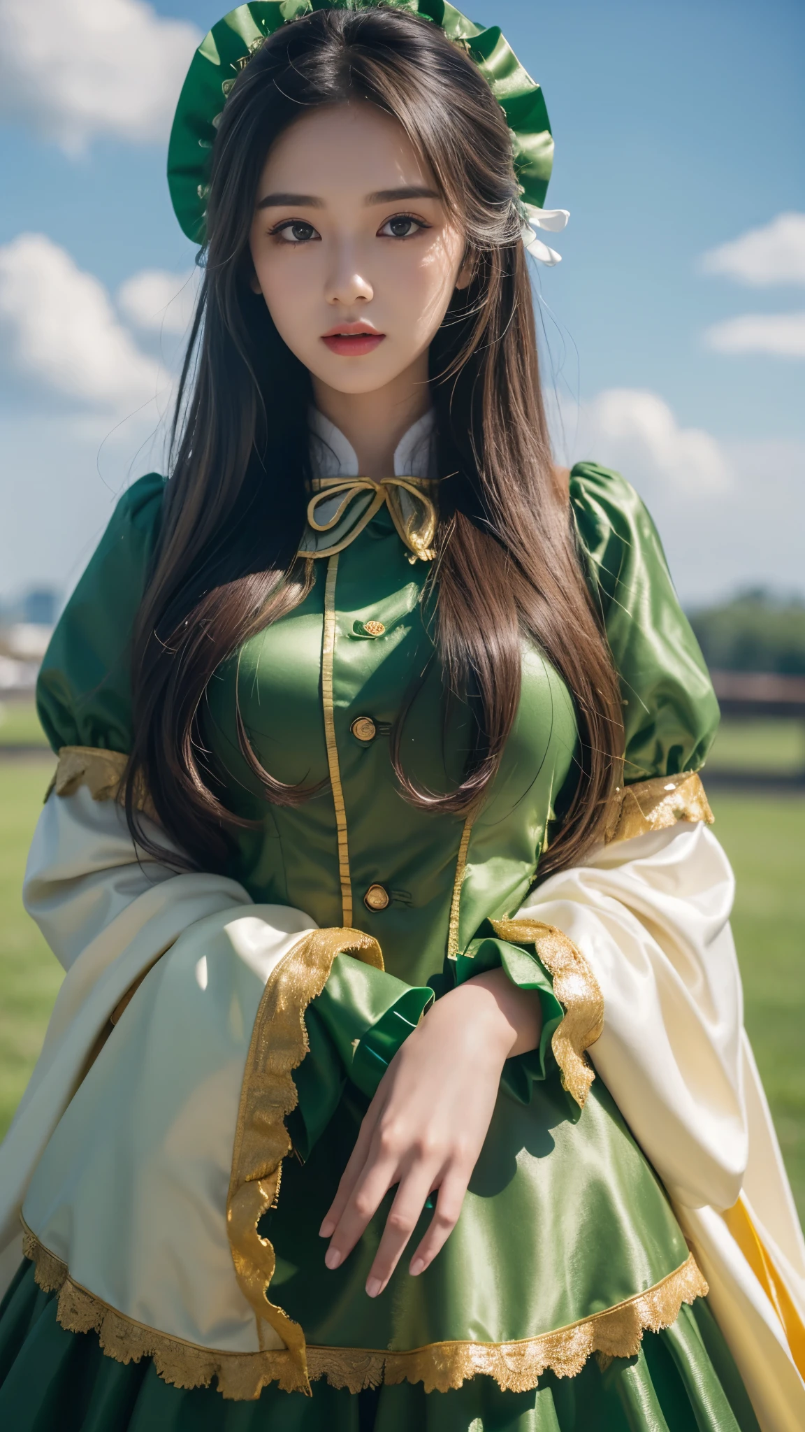 A beautiful young woman with long bangs, flowing black hair, wearing a white shirt, uniform outfits,green skirt, and a red tie, posing gracefully and elegantly, sensual smile ,8k, highly detailed, photorealistic, studio lighting, dramatic chiaroscuro lighting, ambient occlusion, depth of field, cinematic composition, masterpiece, standing elegant, green eyes , looking at viewer