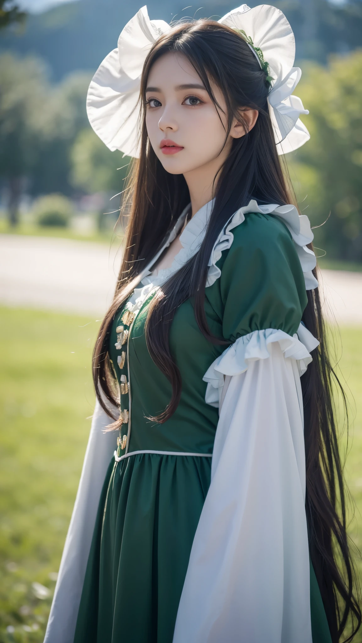 8k, ultra hd, masterpiece, 1 girl, very cute face, detailed eyes, ultra long hair, detailed lips, light makeup, very detailed costume, lolita costume, dark green costume, strome weather, clouds, low lighting, blowing air,