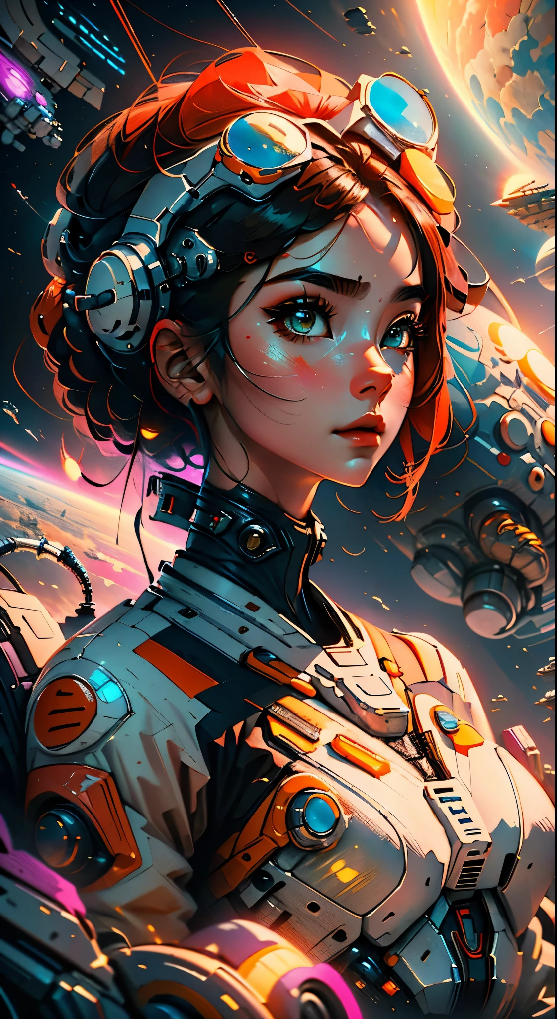 masterpiece, best quality, 1girl, space thriller movie poster, Bauhaus, shapes, lines, abstract, wearing Vision Pro goggles