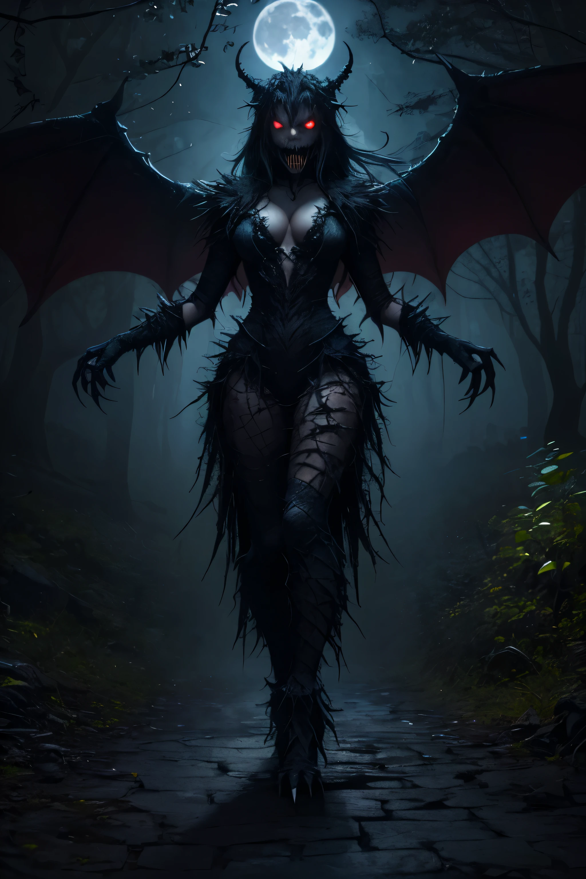 ((dark monster)) big wings haunted castle on full of knives, horror, spookiness, scary, secret horror, tentacles, vines, eyes, uncanny valley effect teeth, limbs, animals, blood moon, (black costume)