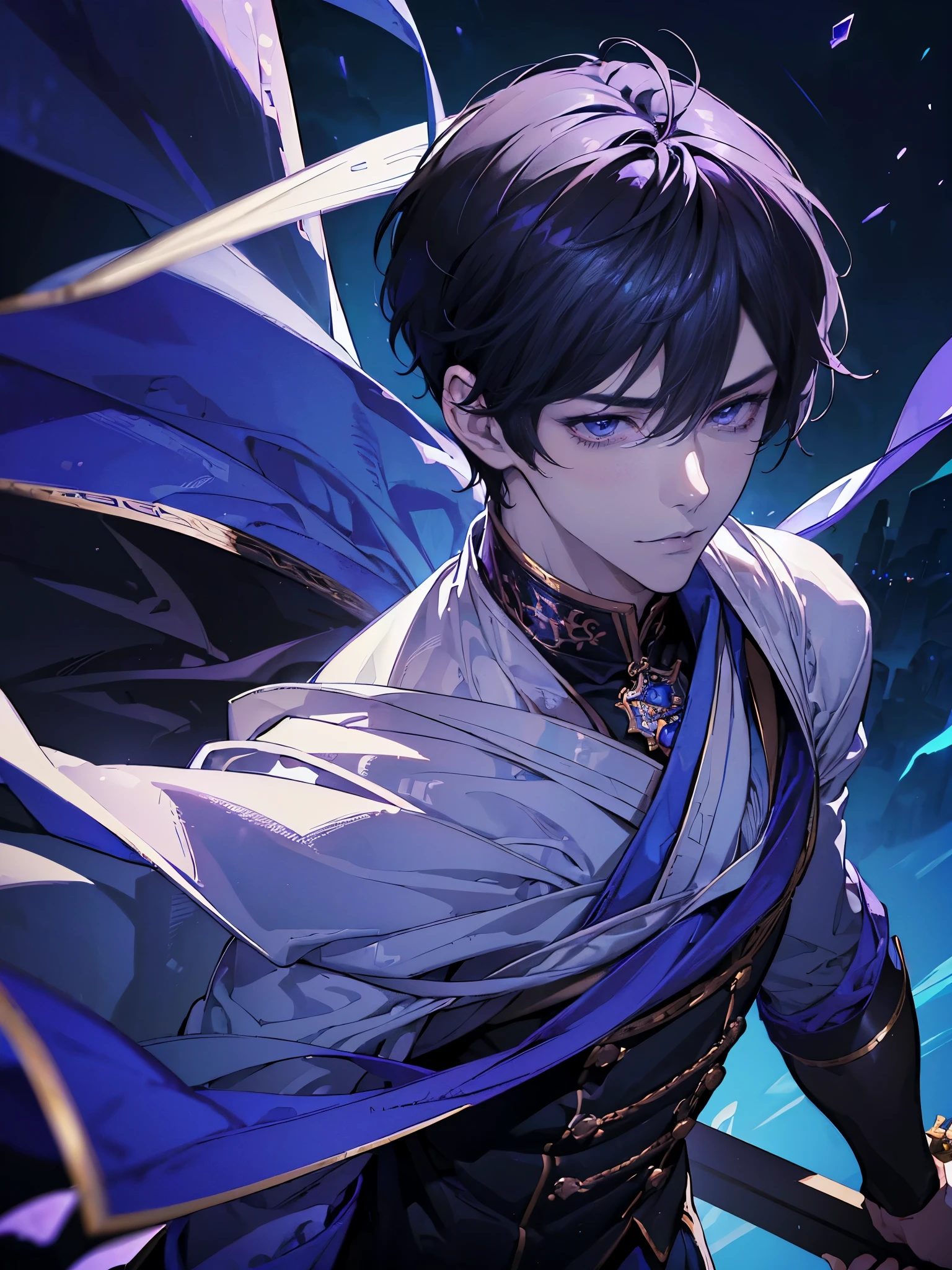 (Handsome men:1.4)、Short hair、purple eyes、((dark skin))、Toned body、muscular male、(black hair)、(Top image quality)、(8K picture quality)、(masterpiece)、cinematric light, Cinema Shadow, Sharp Image, Extremely detailed, Volumetric, beautiful effects, Vivid colors, Highly detailed image textures, detailed hairs, Detailed eyes, fantasy, close UP