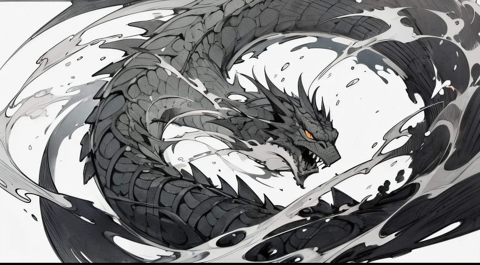 dragon, chinese dragon, scales, water dragon, ink splatter, ink, black and white illustration, sketch, highly detailed, high quality, masterpiece, inky, line art, strong line art, flowing, beautiful, picturesque