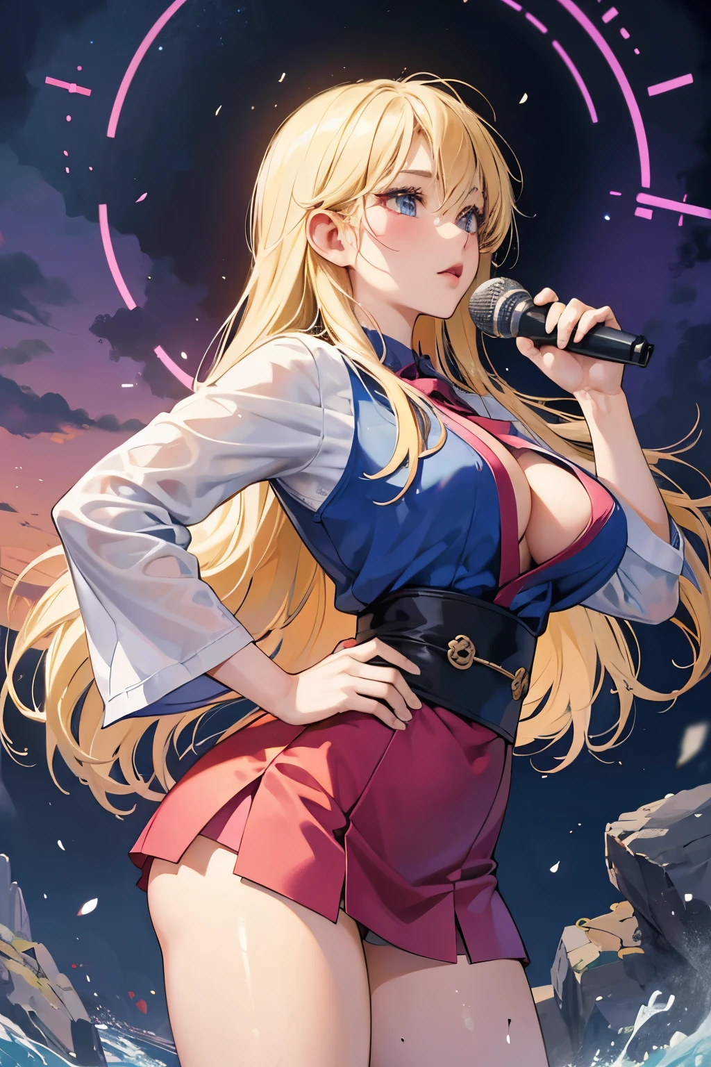 Erwin Puchinger, Yumiko Igarashi, Surreal, mysterious, strange, fantastical, fantasy, Sci-fi, Japanese anime, Singing night tree, big cat, blonde miniskirt beautiful girl Alice, perfect voluminous body, dynamic, music box, detailed masterpiece Sexy erotic hyper realistic sharp focus body tits hip ass embarrassing blushing real skin wet wet wet glistening