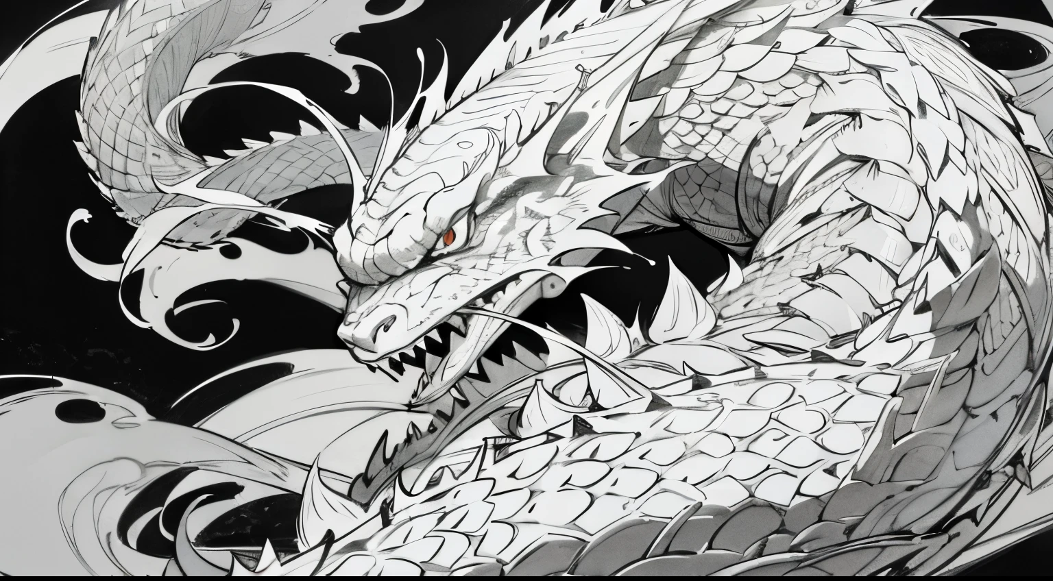 dragon, chinese dragon, scales, water dragon, ink splatter, ink, black and white illustration, sketch, highly detailed, high quality, masterpiece, inky, line art, strong line art, flowing, beautiful, picturesque