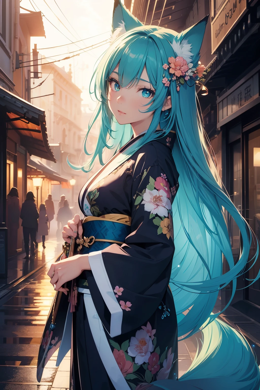 (best quality, 4k, 8k, highres, masterpiece:1.2), ultra-detailed, detailed face, detailed lips and eyes, anime style,
BREAK
(floral kimono),(Flower hairpins),(Cute girl with blue-green long hair),(Blue-green fox ears and tail),BREAK,(Transparent illustration),(realistic illustration),(masterpiece),(highest quality),(Beautiful illustrations),(Sparkling illustrations),(High color saturation),(Fine texture),(cute face),(dynamic angle), attractive appearance, expressive face, voluptuous,(〜〜:1.2),
BREAK
beautiful cool warrior girl, ultra detailed transparent water body, glowing eyes, imargin/walking from water portal, glowing night street, magical atmosphere, cinematic lighting