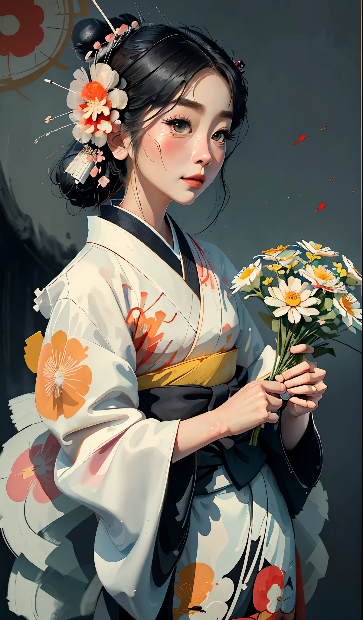 8K, top-quality, hight resolution, Bauhaus, shapes, lines, abstract, Bishoujo 1 25 years old, Flower steamed buns,A slight smil, (traditional Japanese kimono:1.3)、Luxury kimono、no wrinkles at all,watercolor paiting, (Flower hair ornament:1.3), Bauhaus, shapes, lines, abstract, style of studio ghibli hayao Miyazaki