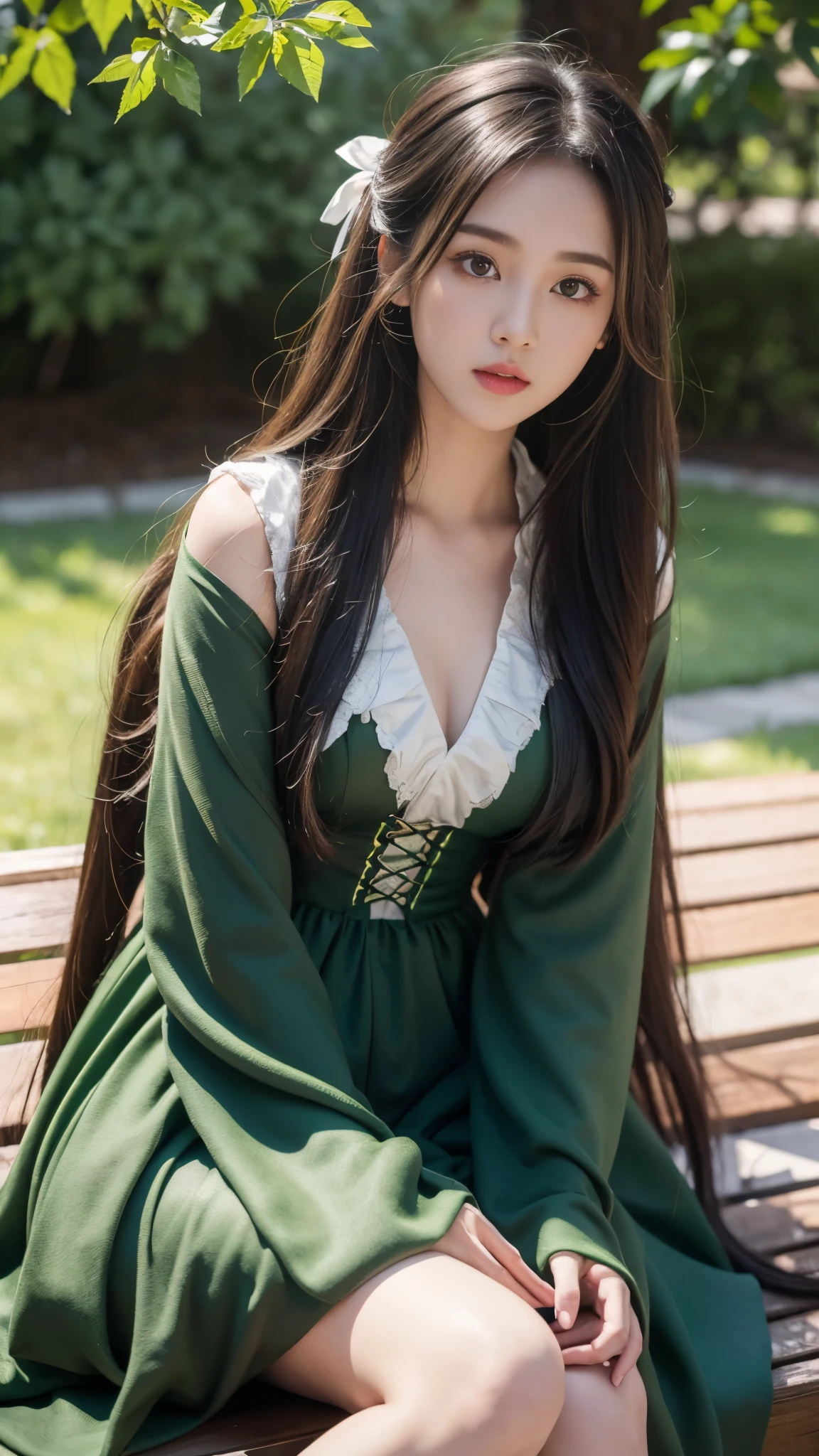 8k, ultra hd, masterpiece, 1 girl, very cute face, detailed eyes, ultra long hair, detailed lips, light makeup, very detailed costume, lolita costume, dark green costume, strome weather, clouds, low lighting, blowing air, sitting,
