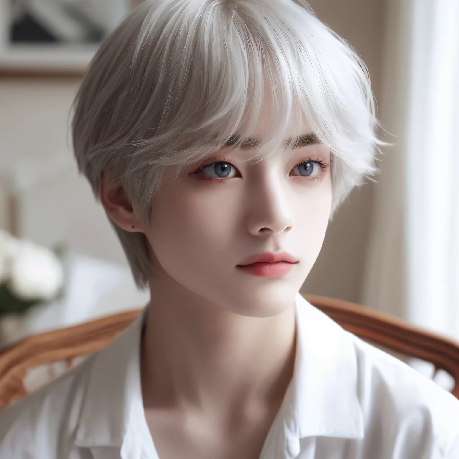 un primer plano de una persona con una camisa blanca y una camisa blanca, xqc, kim taehyung, delicate androgynous prince, cara blanca de porcelana, pale piel blanca de porcelana, pintar ulzzang, piel blanca de porcelana, cai xukun, pale milky white porcelain skin, marimacho de pelo corto platino, attractive androgynous humanoid, beautiful androgynous prince, cabeza hiperrealista, taehyung comiendo papas fritas gucci 