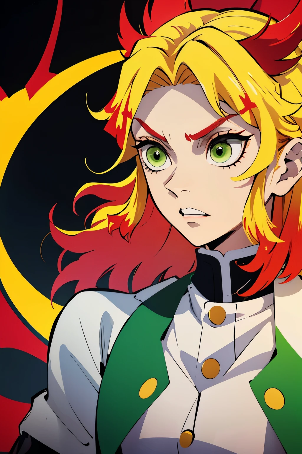 White young woman, Yellow hair with red details in her hair, Medium hair, Green eyes, Angry face, Linda, Sword, demon slayer uniform, show teeth, red highlights in hair