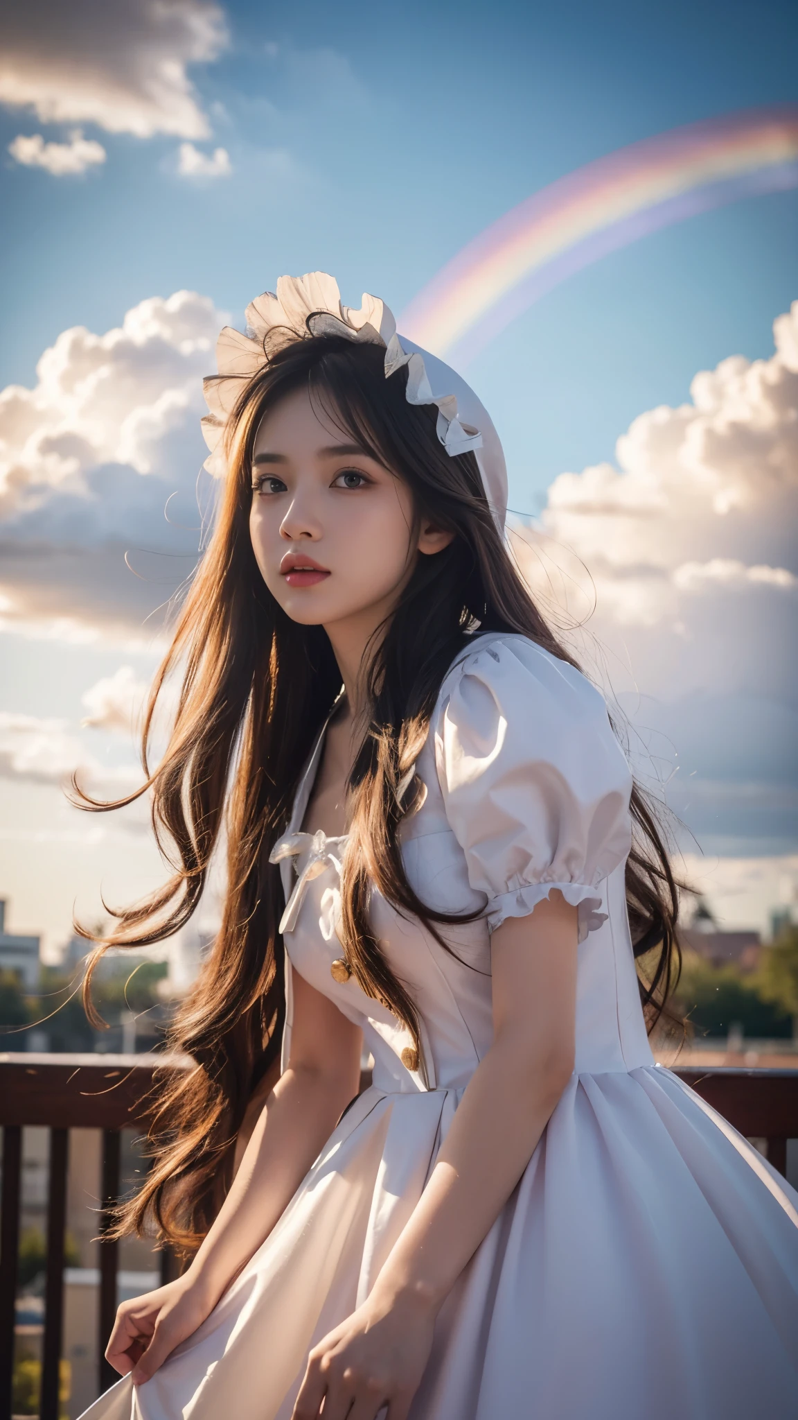 8k, ultra hd, masterpiece, 1 girl, very cute face, detailed eyes, ultra long hair, detailed lips, light makeup, very detailed costume, lolita costume, rainbow costume, strome weather, clouds, low lighting, blowing air,