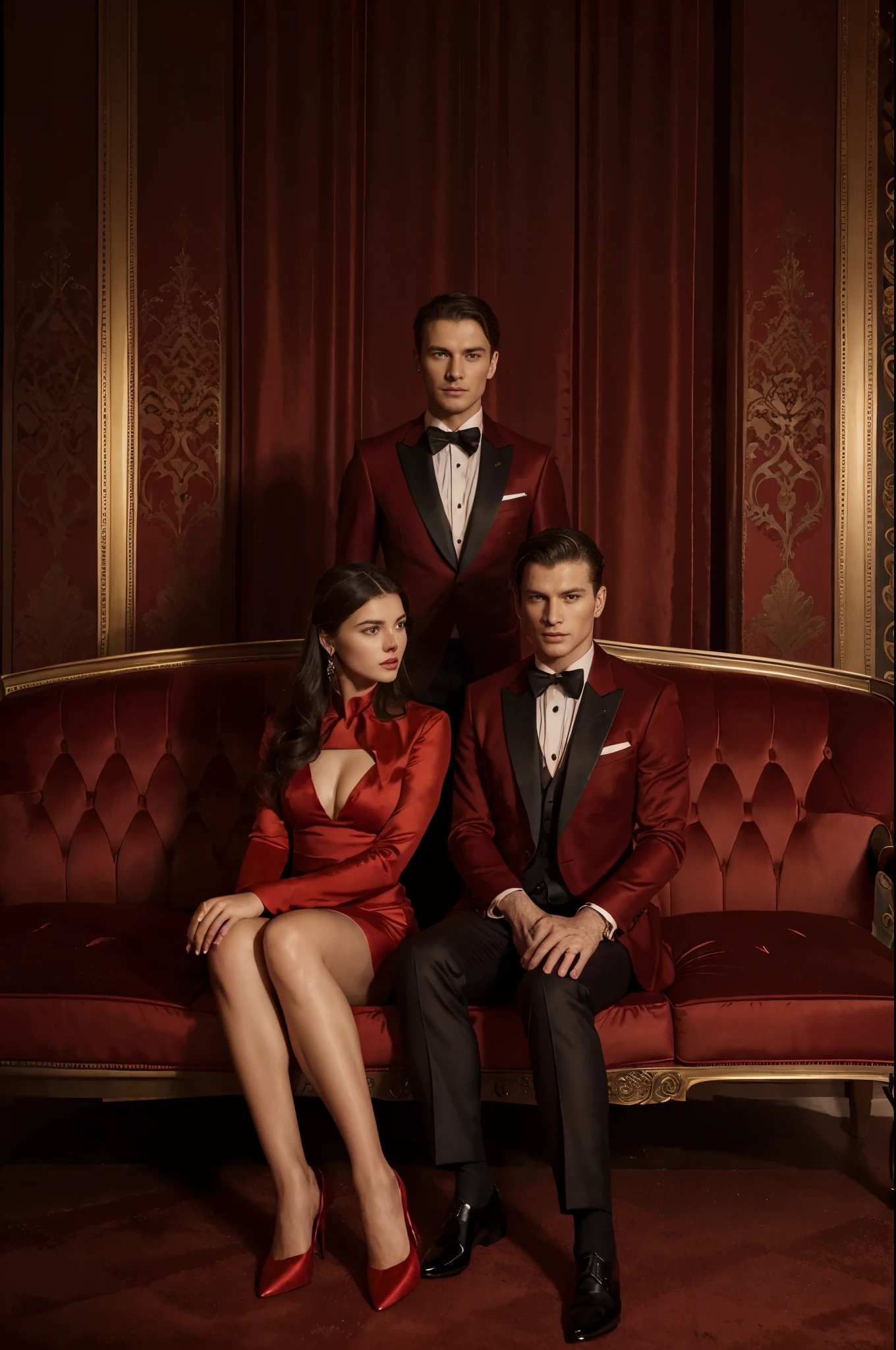 araffes in red dresses sitting on a red couch with a man in a tuxedo, wearing red formal attire, formal attire, formal wear, raphael personnaz, by Galen Dara, by Emma Andijewska, dolce & gabbana campaign, high - end fashion photoshoot, black and red silk clothing, suits, by Julia Pishtar, men in tuxedos