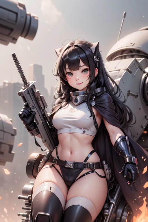 masterpiece, best quality, a cute girl smiling, intergalactic hero, science fiction, riding a mecha, (action:1.2), cloak, (Gatling gun:1.2), glowing, sci-fi environment ,