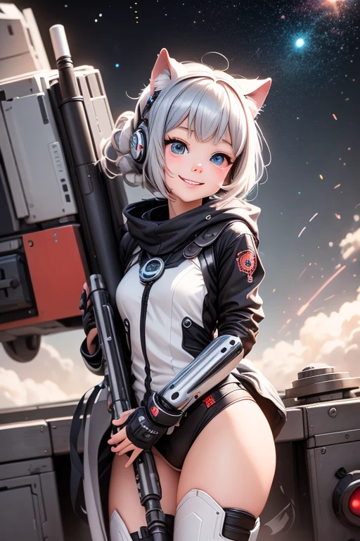 masterpiece, best quality, a cute girl smiling, intergalactic hero, science fiction, riding a mecha, (action:1.2), cloak, (Gatling gun:1.2), glowing, sci-fi environment , 