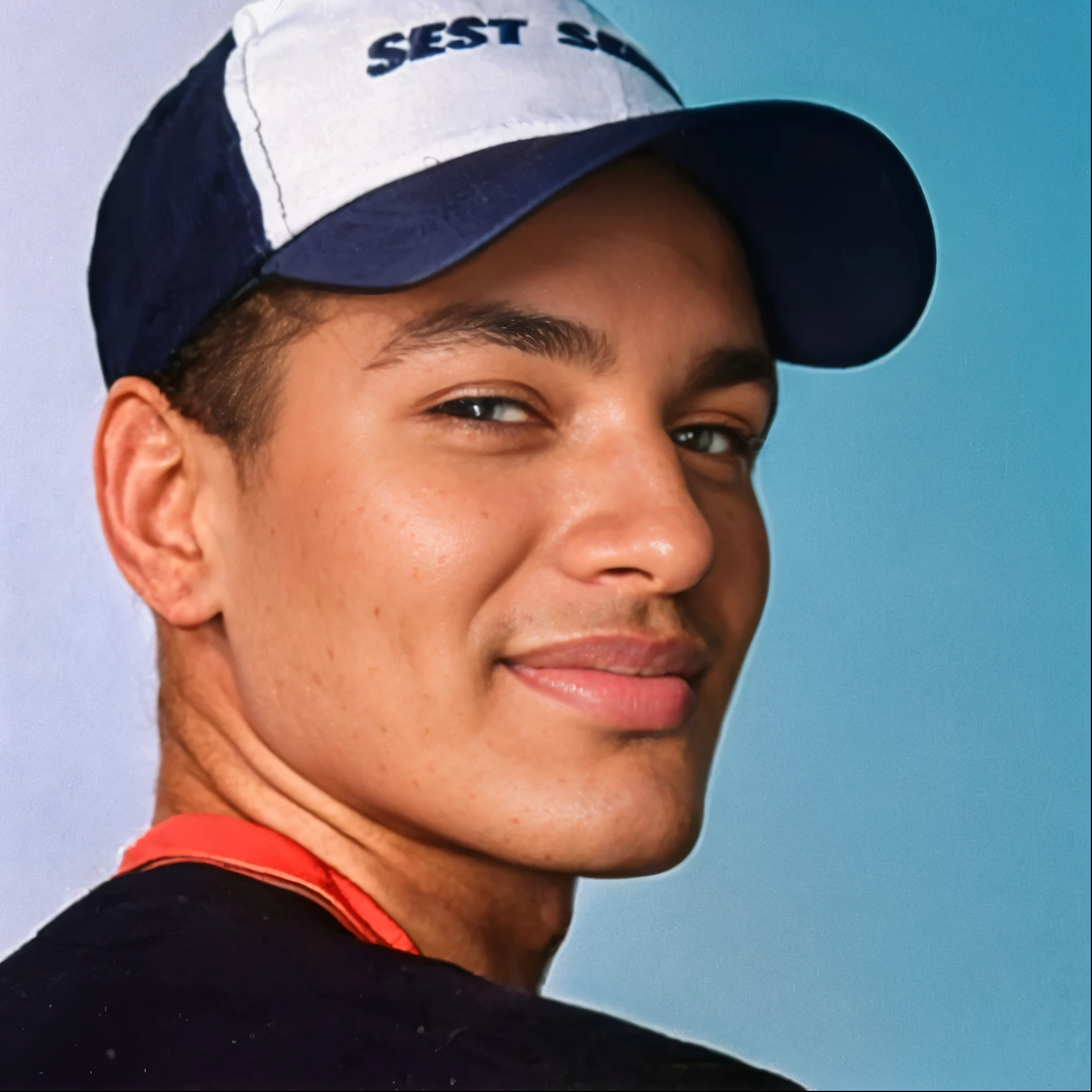 Foto retrato, homem de 19 anos, with blue cap and black t-shirt, Olhos castanhos escuro detalhado, photo studio, foto profissional.