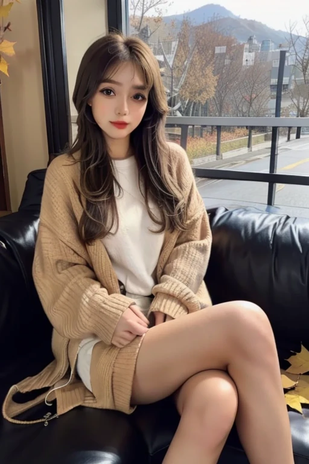 1 girl,Long brown hair swaying in the wind、sitting on a cozy sofa,cross your legs,soft light、A mountain with beautiful autumn leaves