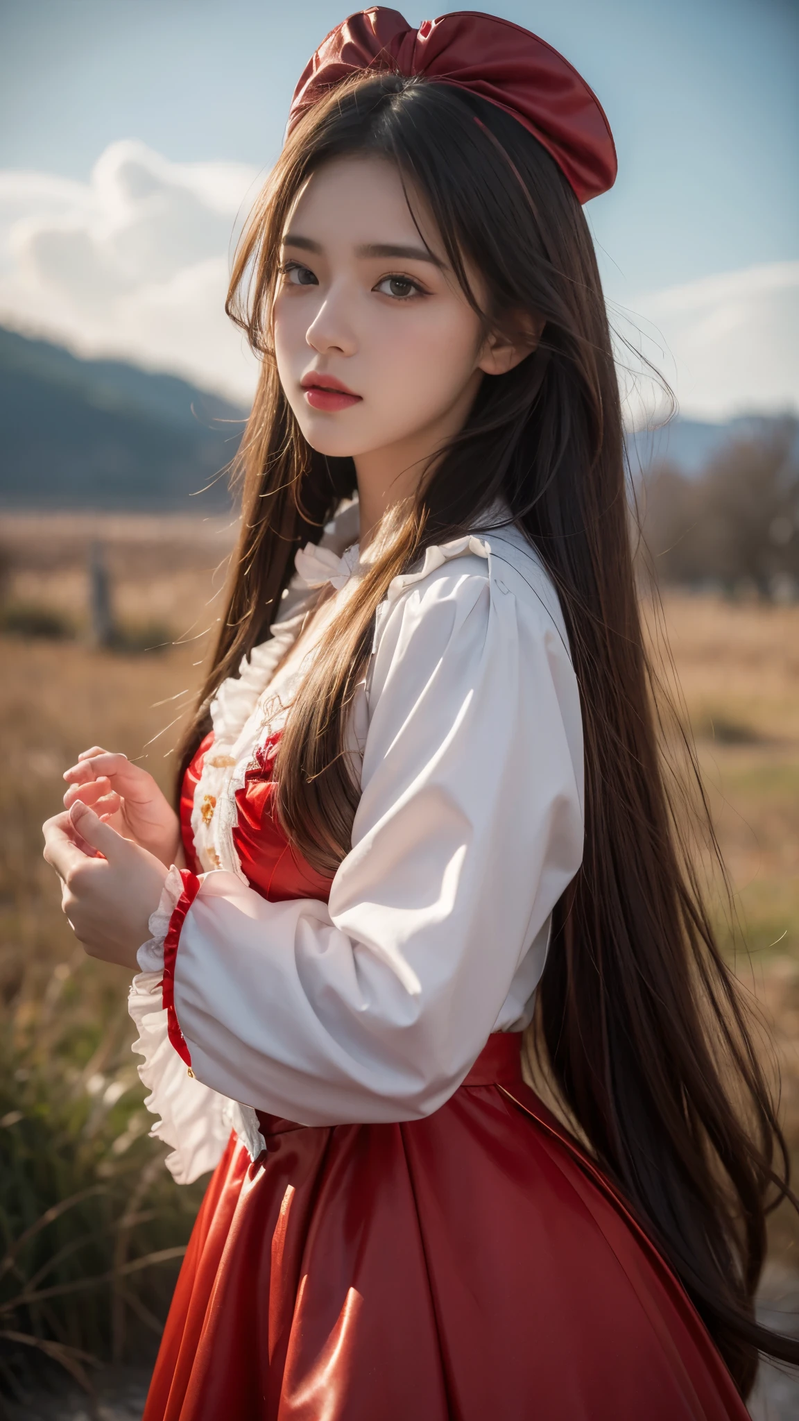 8k, ultra hd, masterpiece, 1 girl, very cute face, detailed eyes, ultra long hair, detailed lips, light makeup, very detailed costume, lolita costume, red costume, strome weather, clouds, low lighting, blowing air,
