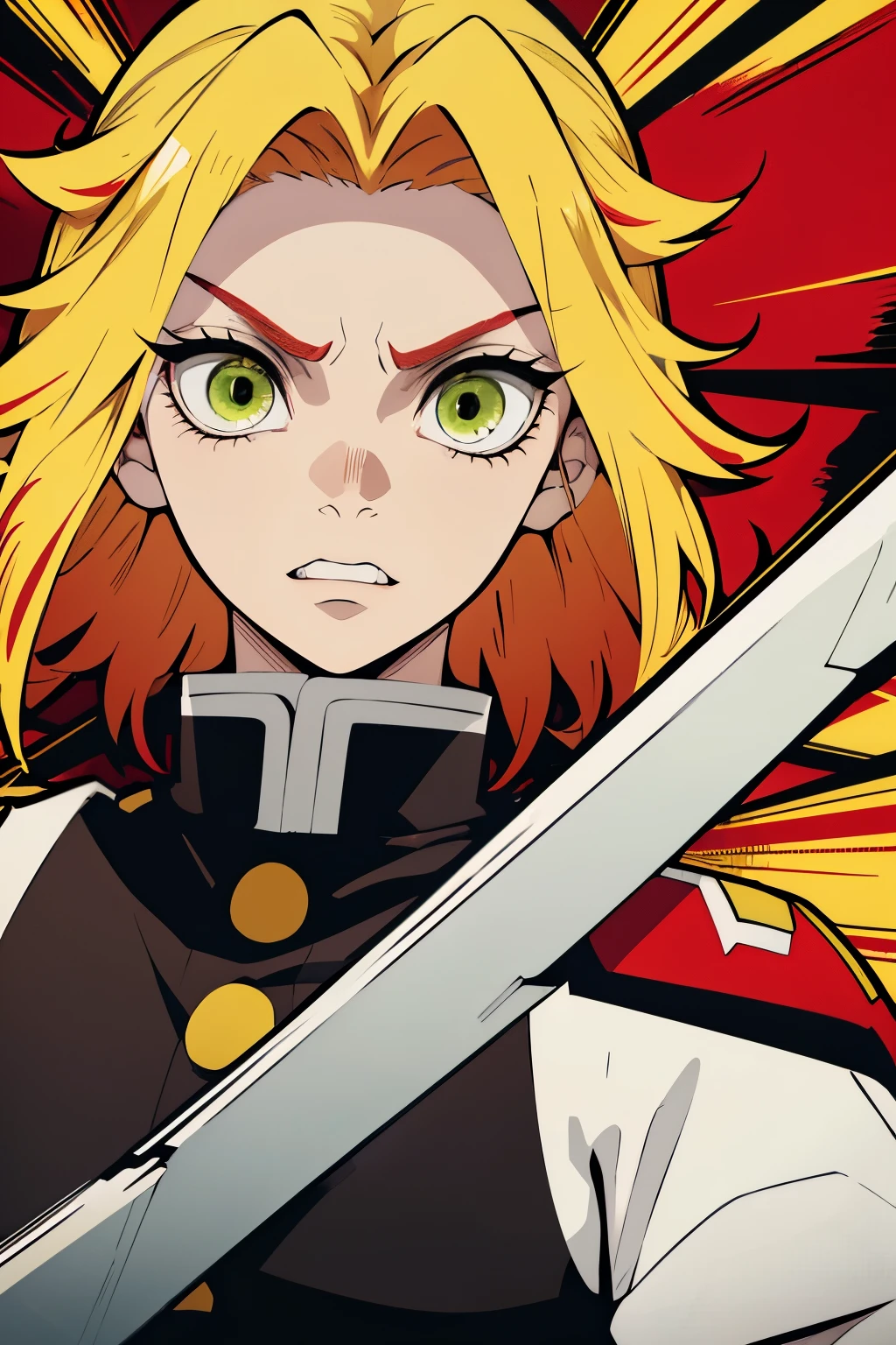 White young woman, Yellow hair with red details in her hair, Medium hair, Green eyes, Angry face, Linda, Sword, demon slayer uniform, show teeth, red highlights in hair