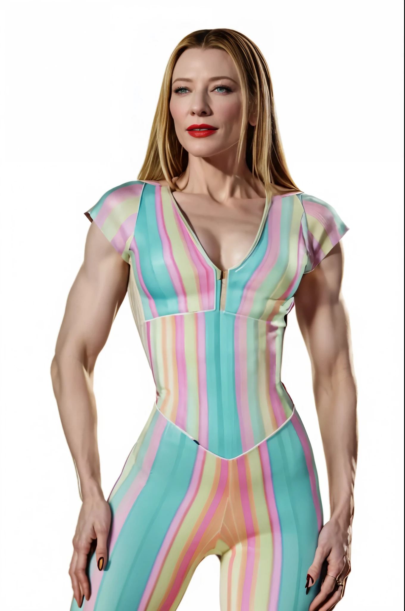 Cate Blanchett with a tight spandex bodysuit and red lipstick