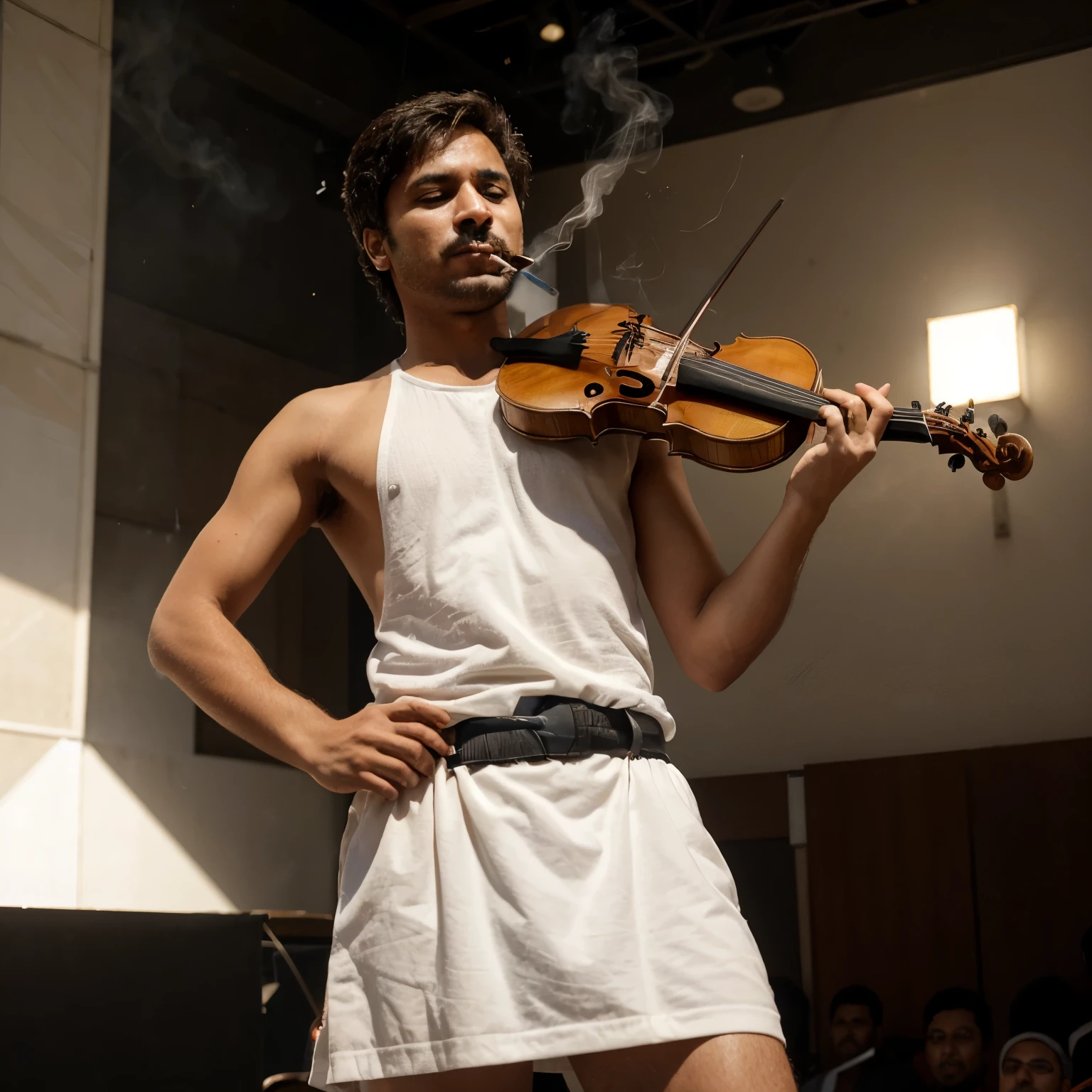 In the image of a humorous budget scene, we see Khurshid smoking a cigarette.  He holds a cigarette in his mouth with one hand and works with the other two in the sun attached to the nuclear swing.  Due to the flight of the fleet of cigarette smoke, a towel of smoke is spread around the sun.  At the bottom of the stage, an enthusiastic white cat is holding a violin and professionally playing music on stage.  This image is an interesting and funny combination of natural and artistic elements that may create a unique and exciting feeling in the mind of the viewers.