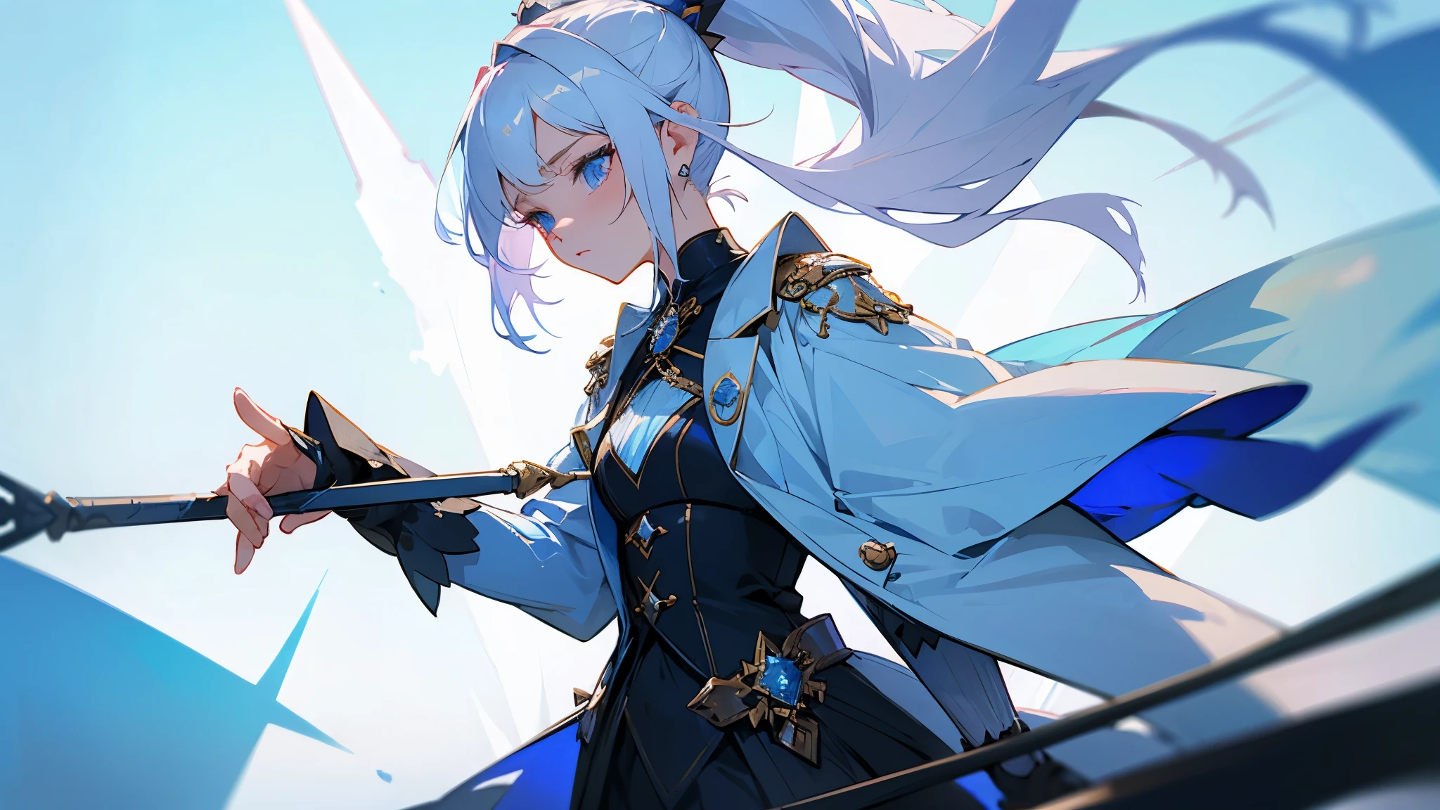 One Woman (19 Years Old) Flat chest, with White Hair (Medium ponytail style), Blue Eyes, Ice Flower Hair'pin, Aristocrat's Fantasy outfit, Spear on the back