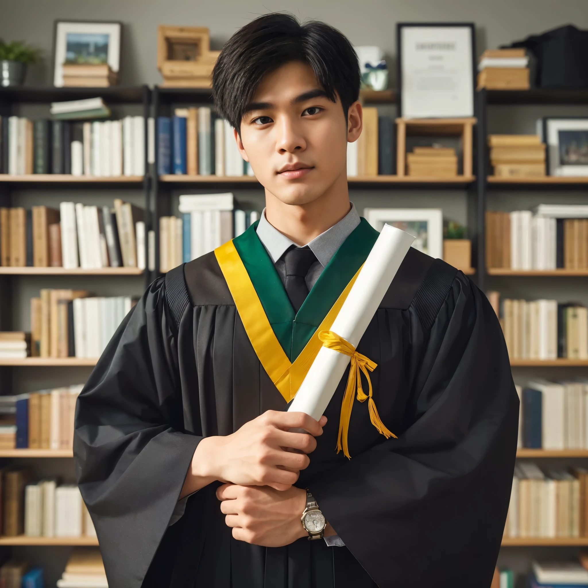 Generate IMG, Fullbody shot, a 25 year old man, Korean man, fit body, wearing graduation attire and toga, wearing a graduation collar, wearing a yellow and green samir, black formal trousers, shiny black loafers, holding a roll of certificates, standing, eye to library bookshelf background camera. Photography, Photorealistic, hyperrealistic, deep focus, deep photography, full HD, UHD, 8k, high quality, very detailed detail, sharp detail